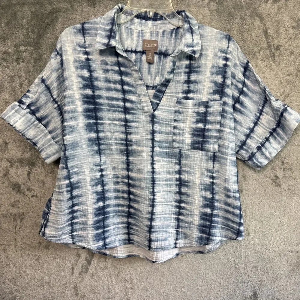 Chicos Size 2 Lg tie Dye cotton blouse pullover short sleeve comfort - Picture 1 of 9